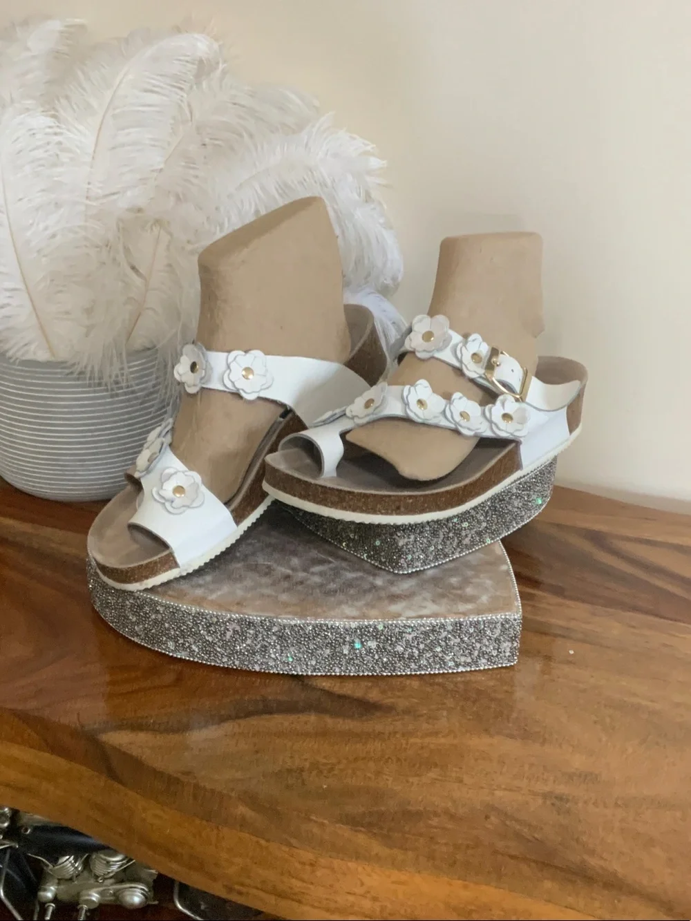 White Floral Platform Wedge Sandals - Women's Adjustable Straps